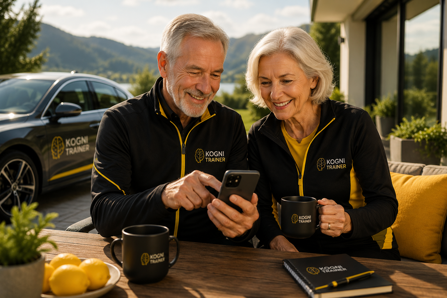 Ein Paar trainiert mit der Kogni Trainer App am Smartphone